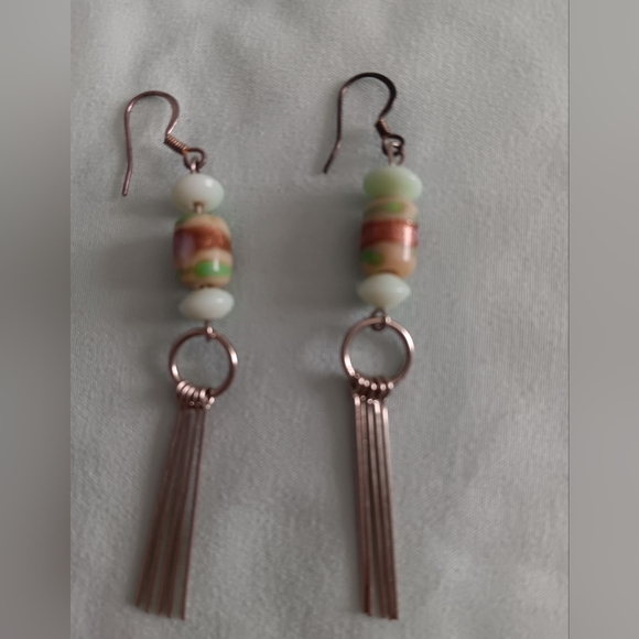 Handmade~Metallic Tan Pale Blue Beaded Silver Dangle Earrings NWOT - Picture 11 of 11